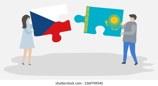 Couple holding two puzzles pieces with Czech and Kazakh flags. Czech Republic and Kazakhstan national symbols together.