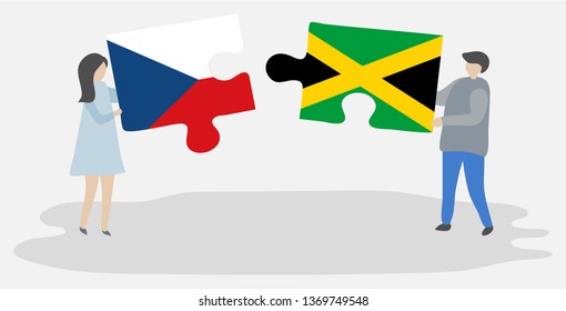 Couple holding two puzzles pieces with Czech and Jamaican flags. Czech Republic and Jamaica national symbols together.