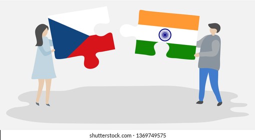 Couple holding two puzzles pieces with Czech and Indian flags. Czech Republic and India national symbols together.