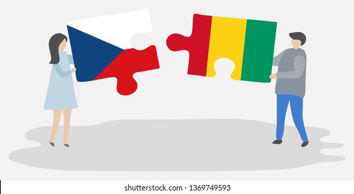 Couple holding two puzzles pieces with Czech and Guinean flags. Czech Republic and Guinea national symbols together.