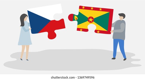 Couple holding two puzzles pieces with Czech and Grenadian flags. Czech Republic and Grenada national symbols together.