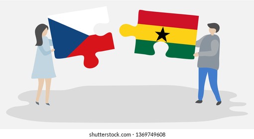 Couple holding two puzzles pieces with Czech and Ghanaian flags. Czech Republic and Ghana national symbols together.