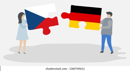 Couple holding two puzzles pieces with Czech and German flags. Czech Republic and Germany national symbols together.