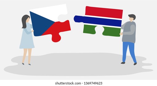 Couple holding two puzzles pieces with Czech and Gambian flags. Czech Republic and Gambia national symbols together.