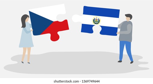 Couple holding two puzzles pieces with Czech and Salvadoran flags. Czech Republic and El Salvador national symbols together.
