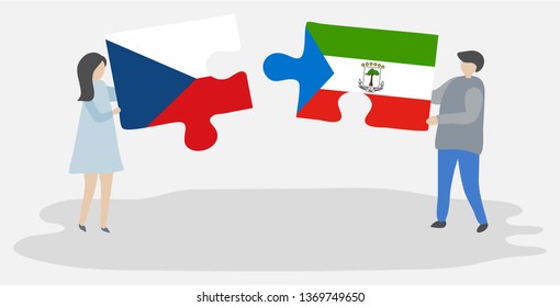 Couple holding two puzzles pieces with Czech and Equatorial Guinean flags. Czech Republic and Equatorial Guinea national symbols together.