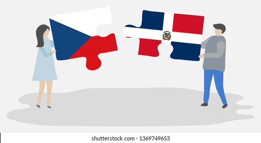 Couple holding two puzzles pieces with Czech and Dominican flags. Czech Republic and Dominican Republic national symbols together.