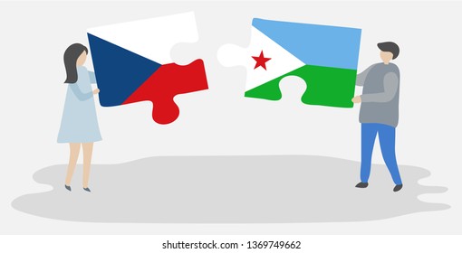 Couple holding two puzzles pieces with Czech and Djiboutian flags. Czech Republic and Djibouti national symbols together.