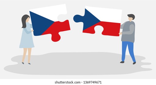 Couple holding two puzzles pieces with Czech and Czech flags. Czech Republic and Czech Republic national symbols together.