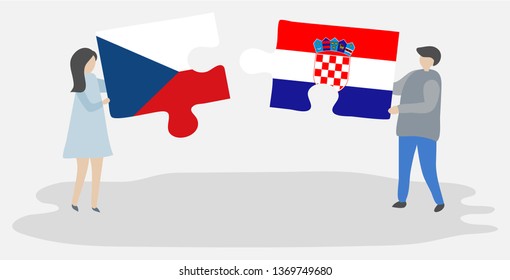 Couple holding two puzzles pieces with Czech and Croatian flags. Czech Republic and Croatia national symbols together.