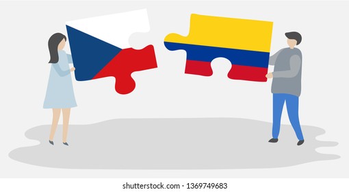 Couple holding two puzzles pieces with Czech and Colombian flags. Czech Republic and Colombia national symbols together.