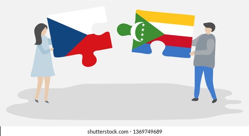 Couple holding two puzzles pieces with Czech and Comoran flags. Czech Republic and Comoros national symbols together.