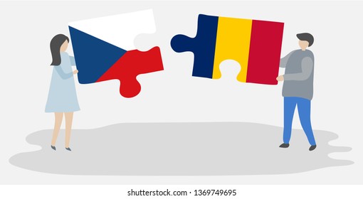 Couple holding two puzzles pieces with Czech and Chadian flags. Czech Republic and Chad national symbols together.