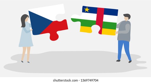 Couple holding two puzzles pieces with Czech and Central African flags. Czech Republic and Central African Republic national symbols together.