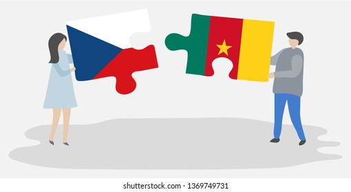 Couple holding two puzzles pieces with Czech and Cameroonian flags. Czech Republic and Cameroon national symbols together.
