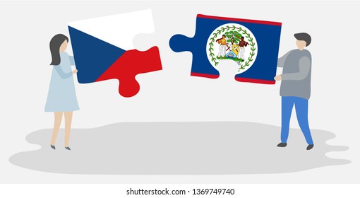 Couple holding two puzzles pieces with Czech and Belizean flags. Czech Republic and Belize national symbols together.