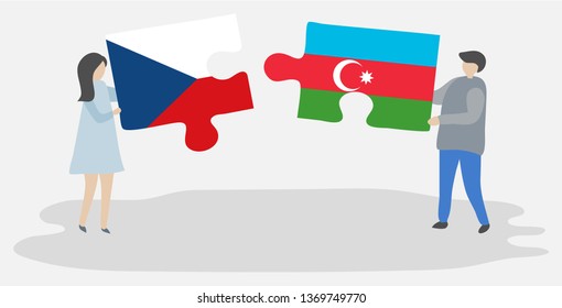 Couple holding two puzzles pieces with Czech and Azerbaijani flags. Czech Republic and Azerbaijan national symbols together.