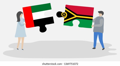 Couple holding two puzzles pieces with Emirian and Vanuatuan flags. United Arab Emirates and Vanuatu national symbols together.