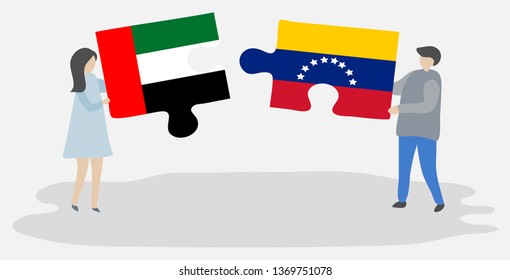 Couple holding two puzzles pieces with Emirian and Venezuelan flags. United Arab Emirates and Venezuela national symbols together.