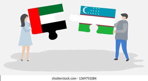 Couple holding two puzzles pieces with Emirian and Uzbek flags. United Arab Emirates and Uzbekistan national symbols together.