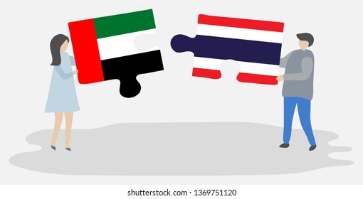 Couple holding two puzzles pieces with Emirian and Thai flags. United Arab Emirates and Thailand national symbols together.