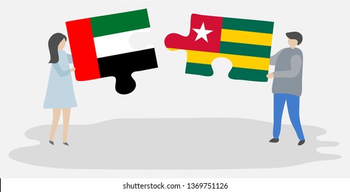 Couple holding two puzzles pieces with Emirian and Togolese flags. United Arab Emirates and Togo national symbols together.