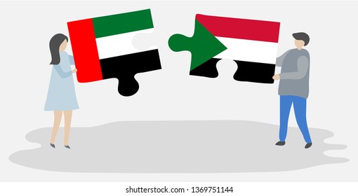 Couple holding two puzzles pieces with Emirian and Sudanese flags. United Arab Emirates and Sudan national symbols together.