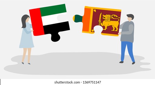 Couple holding two puzzles pieces with Emirian and Sri Lankan flags. United Arab Emirates and Sri Lanka national symbols together.