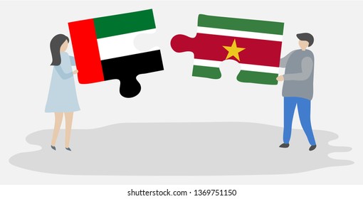 Couple holding two puzzles pieces with Emirian and Surinamese flags. United Arab Emirates and Suriname national symbols together.