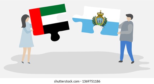 Couple holding two puzzles pieces with Emirian and Sammarinese flags. United Arab Emirates and San Marino national symbols together.