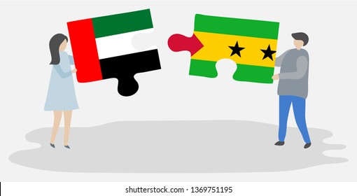 Couple holding two puzzles pieces with Emirian and Sao Tomean flags. United Arab Emirates and Sao Tome and Principe national symbols together.