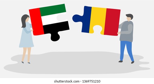 Couple holding two puzzles pieces with Emirian and Romanian flags. United Arab Emirates and Romania national symbols together.