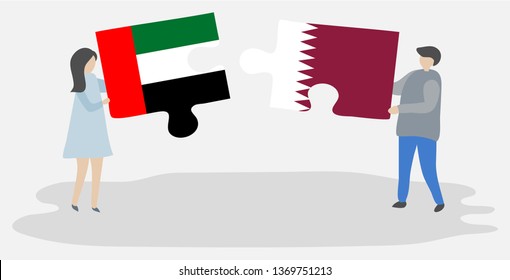 Couple holding two puzzles pieces with Emirian and Qatari flags. United Arab Emirates and Qatar national symbols together.