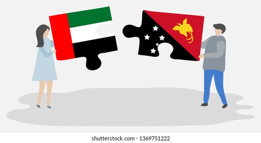 Couple holding two puzzles pieces with Emirian and Papuan flags. United Arab Emirates and Papua New Guinea national symbols together.