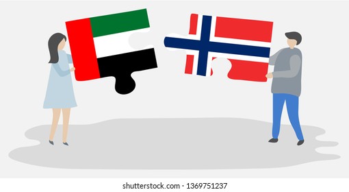 Couple holding two puzzles pieces with Emirian and Norwegian flags. United Arab Emirates and Norway national symbols together.