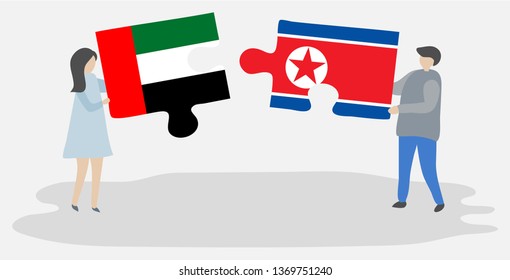 Couple holding two puzzles pieces with Emirian and North Korean flags. United Arab Emirates and North Korea national symbols together.