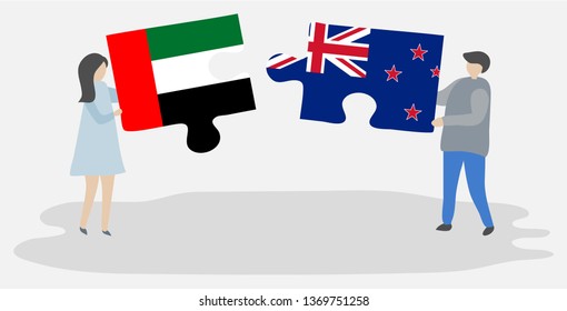 Couple holding two puzzles pieces with Emirian and NZ flags. United Arab Emirates and New Zealand national symbols together.