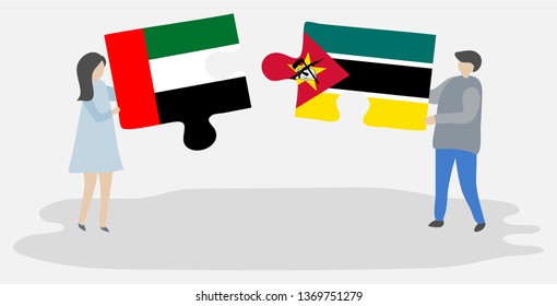Couple holding two puzzles pieces with Emirian and Mozambican flags. United Arab Emirates and Mozambique national symbols together.