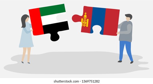 Couple holding two puzzles pieces with Emirian and Mongolian flags. United Arab Emirates and Mongolia national symbols together.