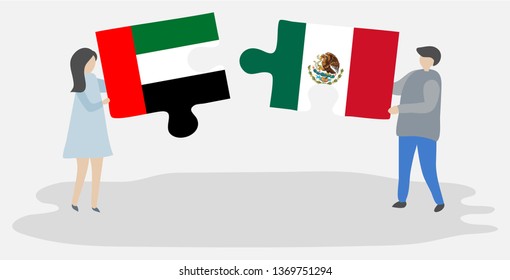 Couple holding two puzzles pieces with Emirian and Mexican flags. United Arab Emirates and Mexico national symbols together.