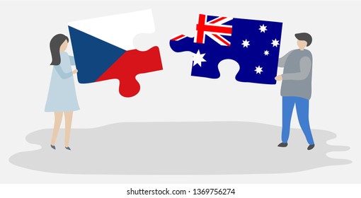 Couple holding two puzzles pieces with Czech and Australian flags. Czech Republic and Australia national symbols together.