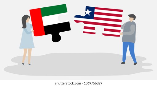 Couple holding two puzzles pieces with Emirian and Liberian flags. United Arab Emirates and Liberia national symbols together.