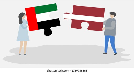 Couple holding two puzzles pieces with Emirian and Latvian flags. United Arab Emirates and Latvia national symbols together.