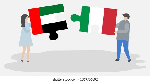 Couple holding two puzzles pieces with Emirian and Italian flags. United Arab Emirates and Italy national symbols together.