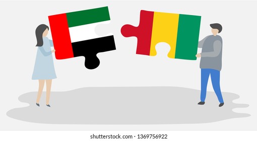 Couple holding two puzzles pieces with Emirian and Guinean flags. United Arab Emirates and Guinea national symbols together.