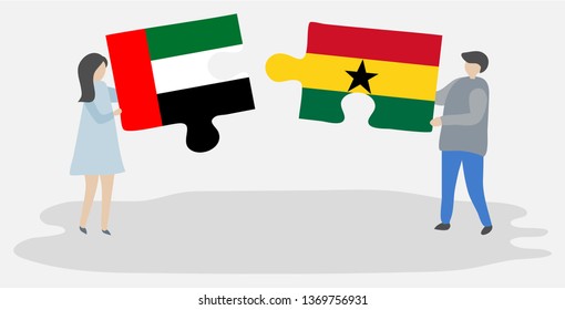 Couple holding two puzzles pieces with Emirian and Ghanaian flags. United Arab Emirates and Ghana national symbols together.