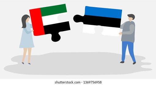 Couple holding two puzzles pieces with Emirian and Estonian flags. United Arab Emirates and Estonia national symbols together.