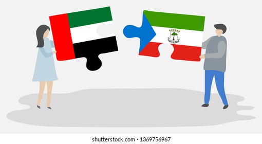 Couple holding two puzzles pieces with Emirian and Equatorial Guinean flags. United Arab Emirates and Equatorial Guinea national symbols together.