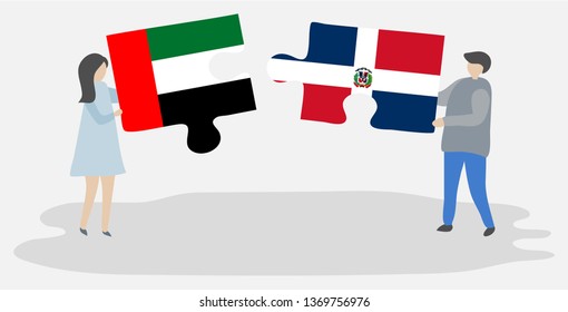 Couple holding two puzzles pieces with Emirian and Dominican flags. United Arab Emirates and Dominican Republic national symbols together.