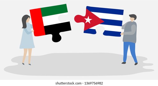 Couple holding two puzzles pieces with Emirian and Cuban flags. United Arab Emirates and Cuba national symbols together.